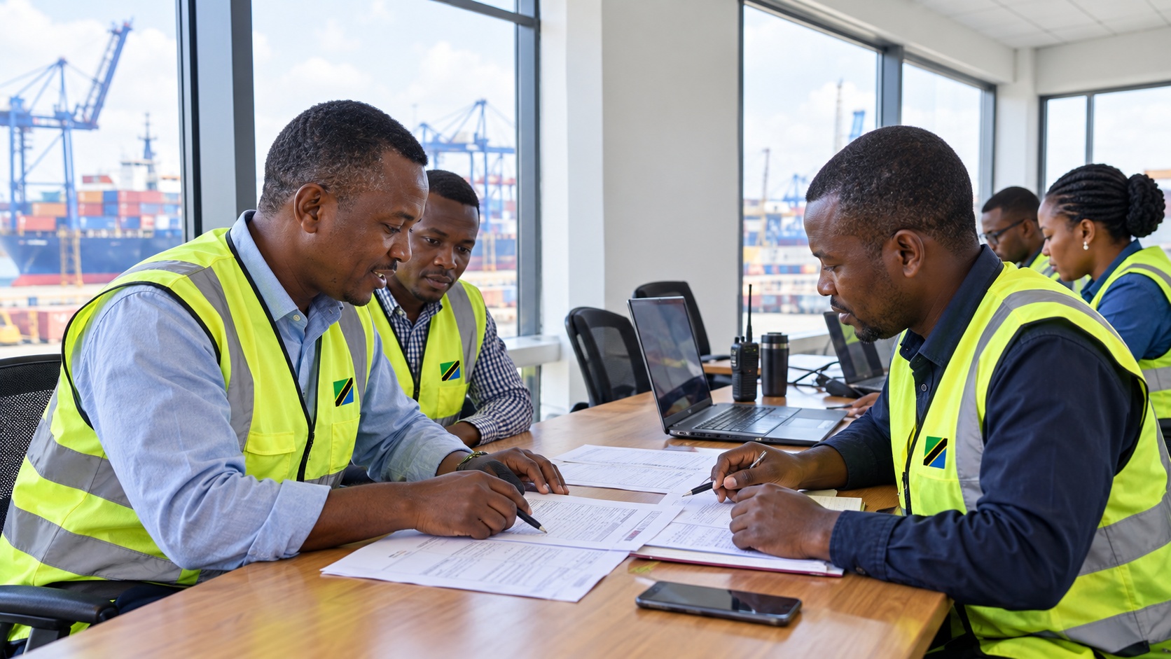 Logistics team reviewing customs clearance documentation at a port office