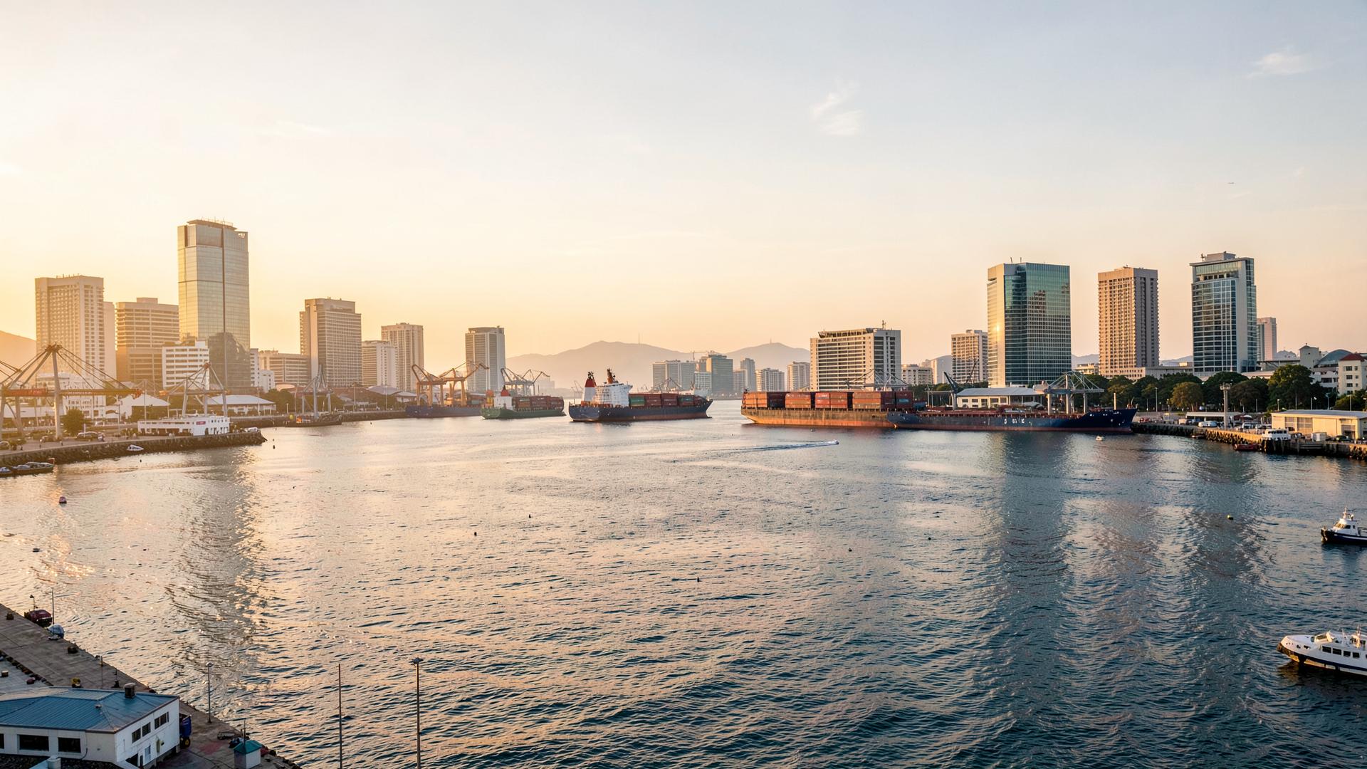 Dar es Salaam waterfront and port skyline at golden hour