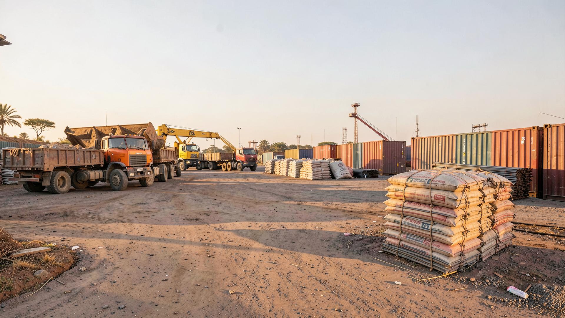Industrial port yard with mining trucks, agricultural cargo and construction materials
